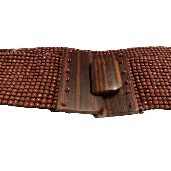 Vintage 90s Y2K Brown Beaded Elastic Belt with Wooden Clasp - Picture 4 of 5